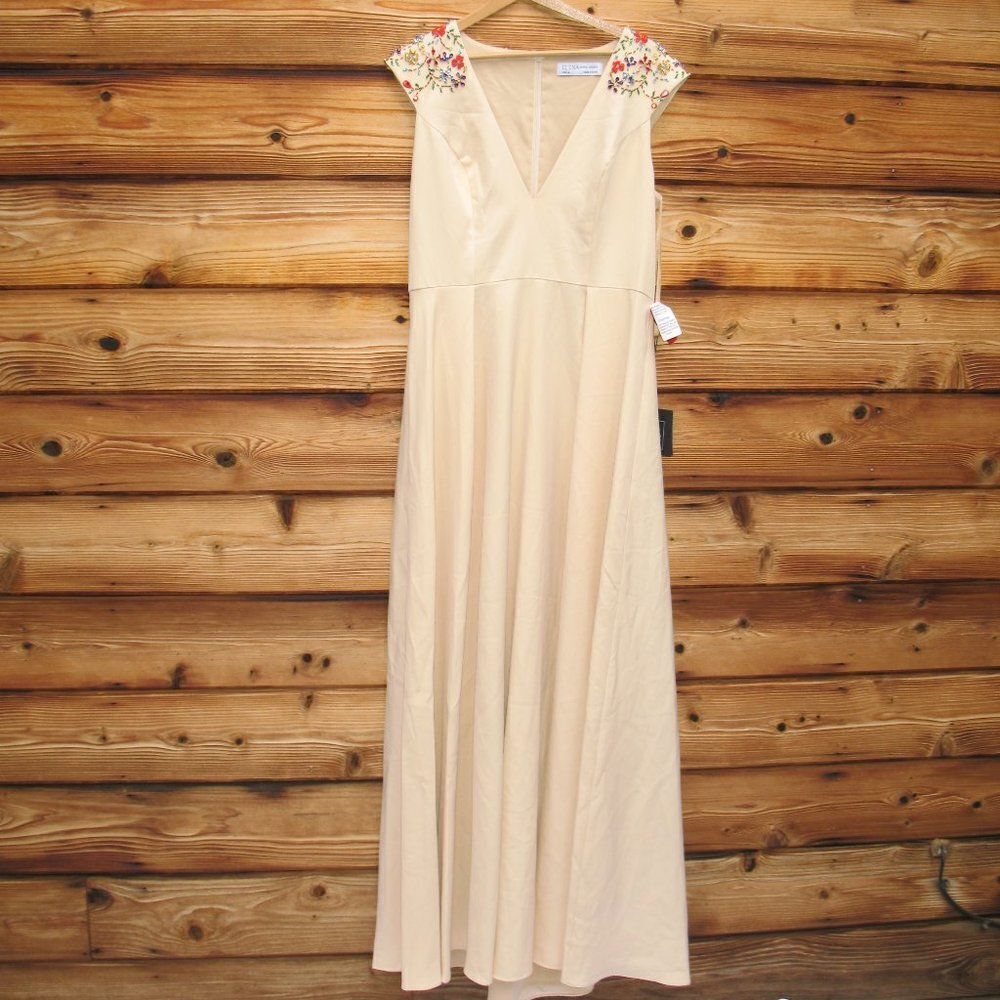 Mac Duggal 26540 Ieena Beaded Cap Sleeve V Neck A Line Gown Dress Cream Size 4 - Picture 6 of 16